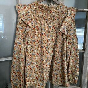 Cream and Brown Smocked Ruffle Blouse with Bib Collar